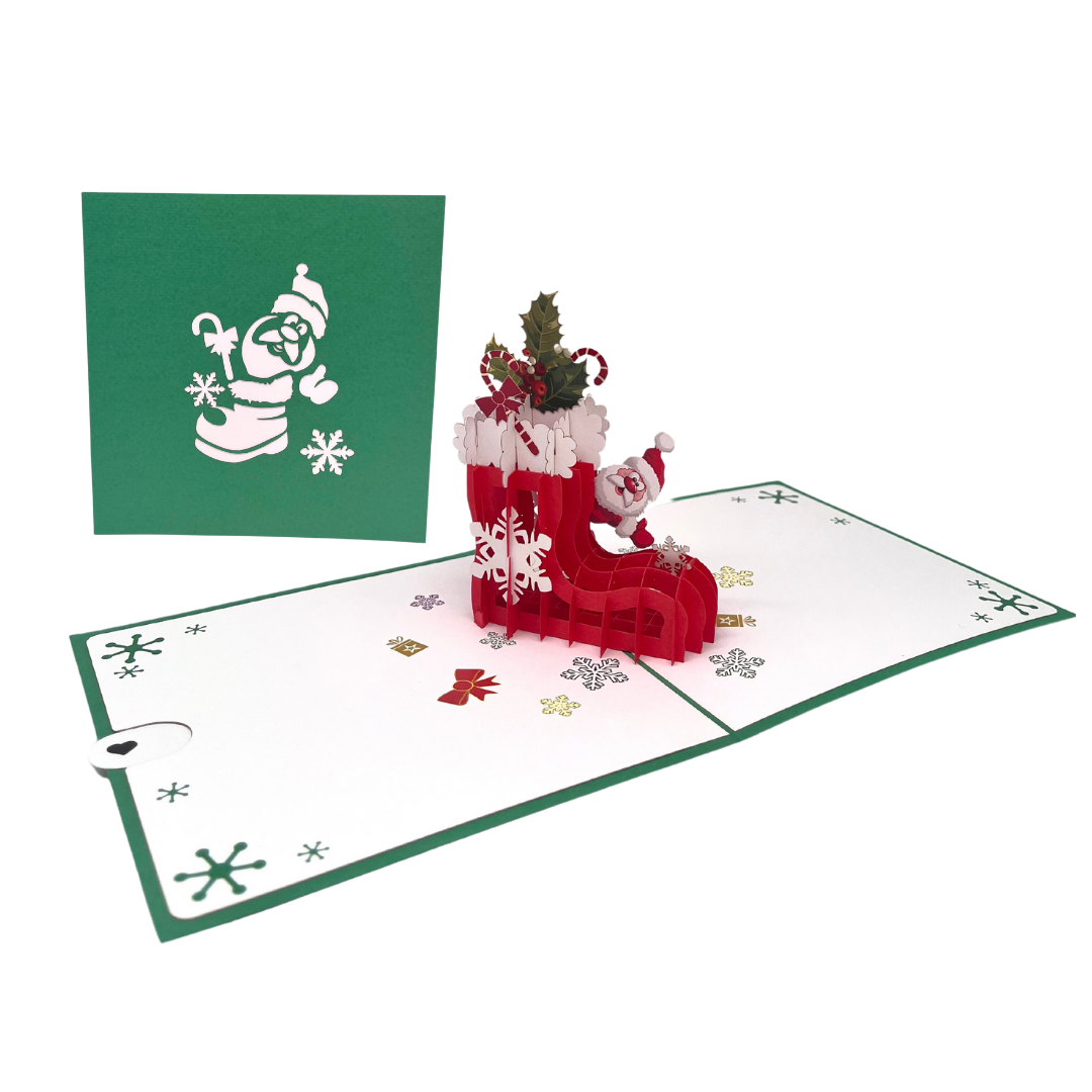 Weihnachtsmann mit Nikolaus Stiefel 3D Pop-Up Karte