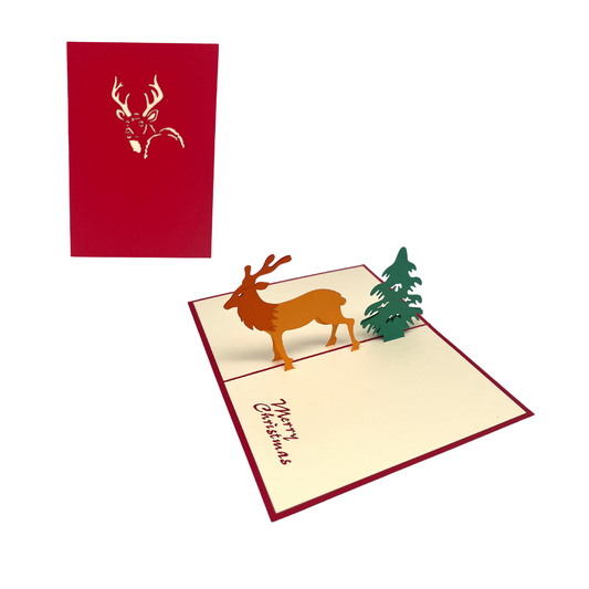 Merry Christmas Weihnachtskarte mit Reh und Tannenbaum 3D Pop-Up