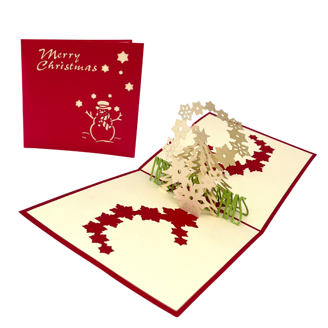 Merry Christmas 3D Pop-Up Weihnachtskarte mit Schneemann und Schneeflocken
