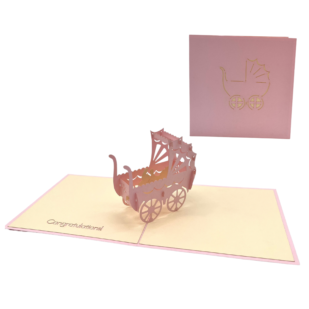 Babywagen 3D Pop-Up Karte rosa