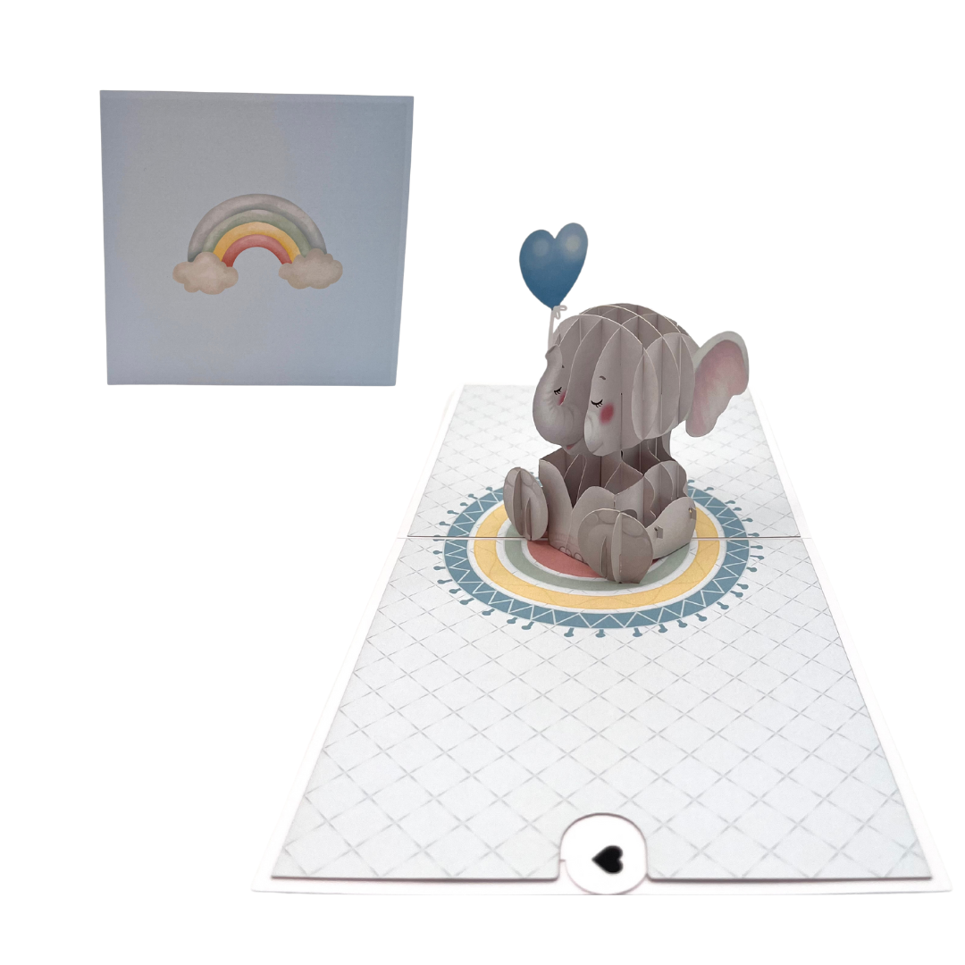 Baby Elefanten Karte mit Herzballon in blau 3D Pop-UP