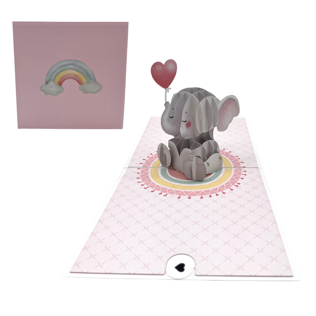 Baby Elefanten Karte mit Herzballon in pink 3D Pop-UP