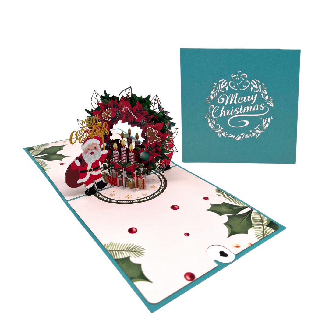 Merry Christmas geschmückter Kranz mit Weihnachtsmann und Geschenken 3D Pop-Up