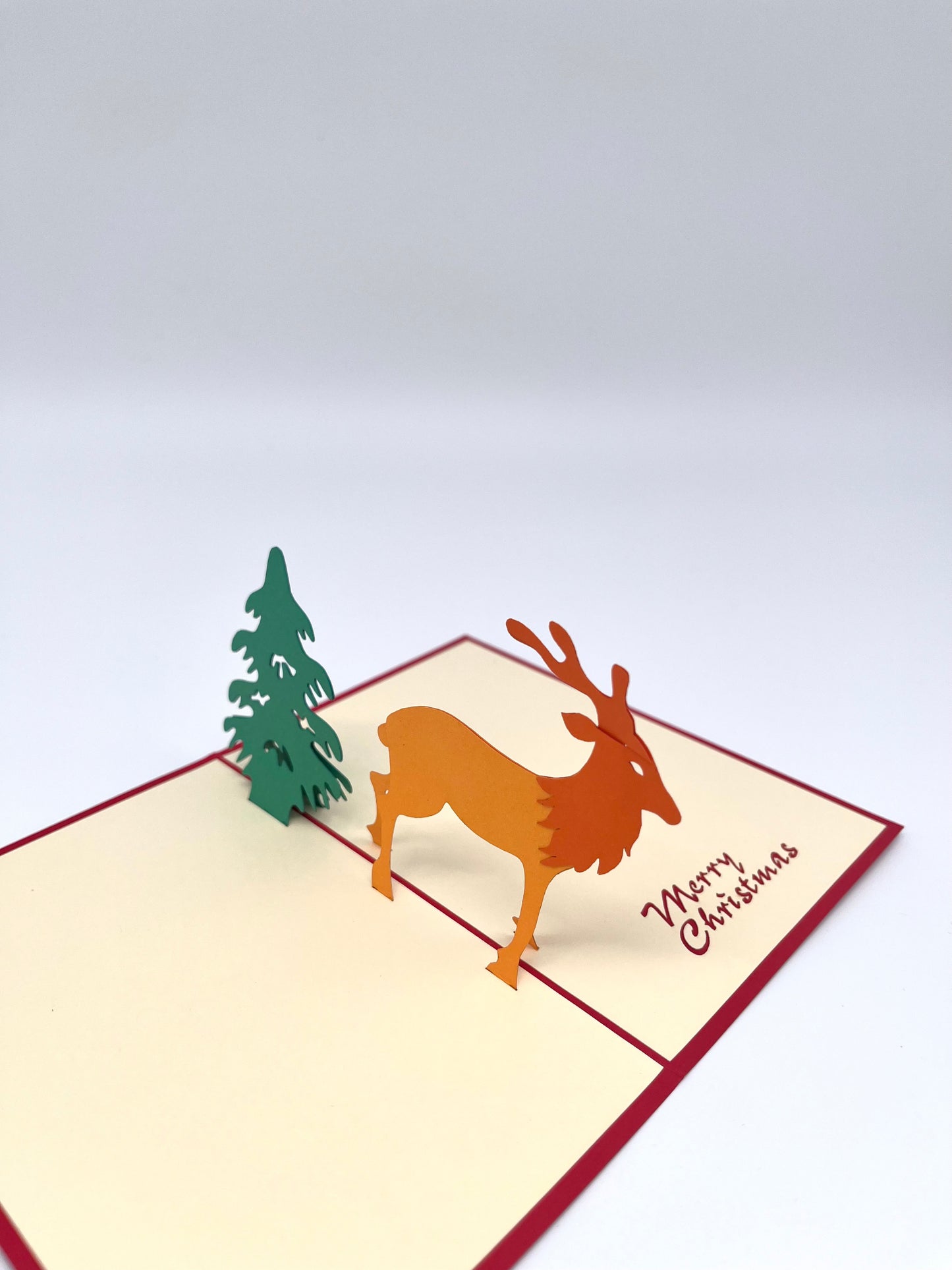 Merry Christmas Weihnachtskarte mit Reh und Tannenbaum 3D Pop-Up