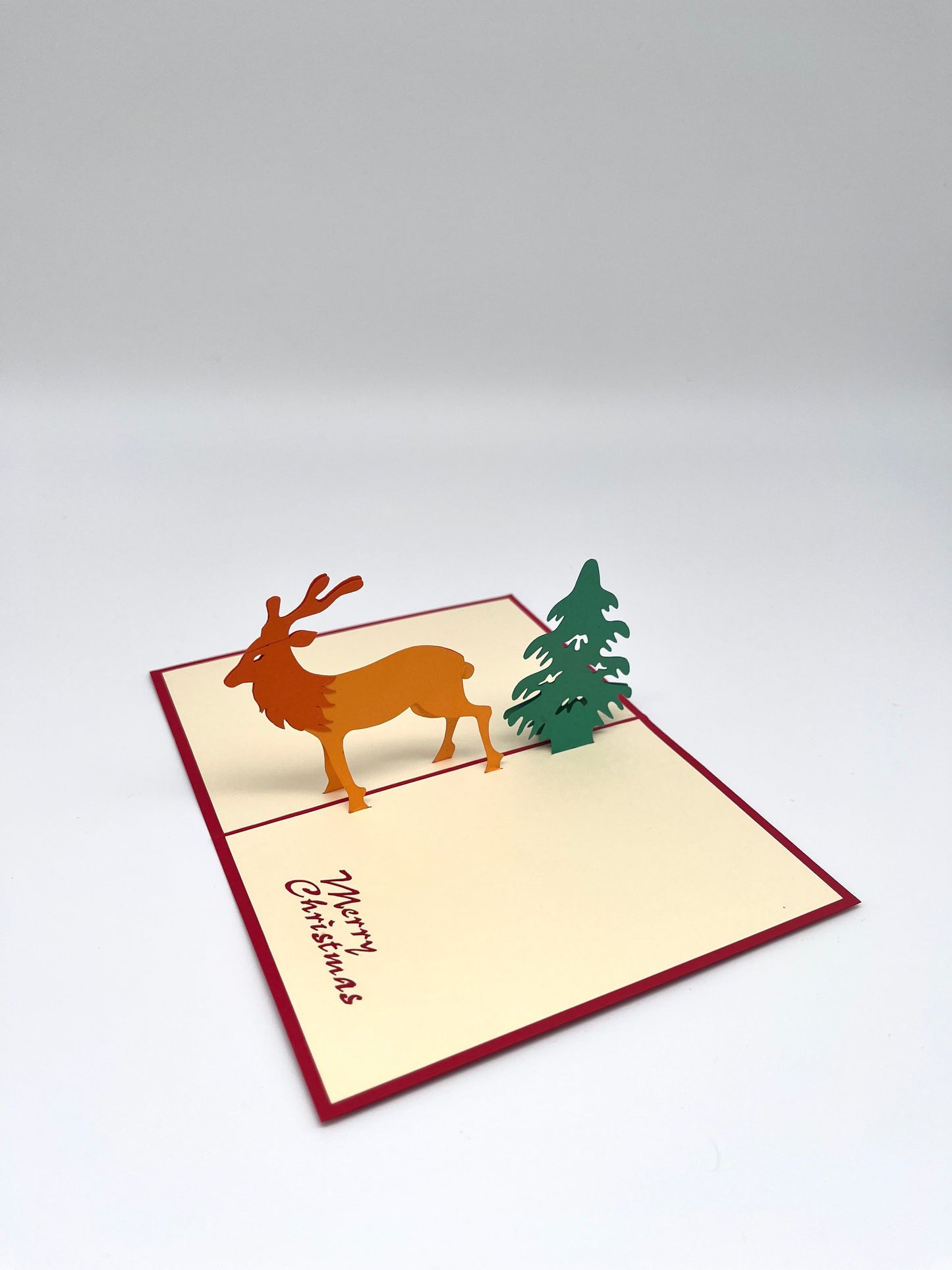Merry Christmas Weihnachtskarte mit Reh und Tannenbaum 3D Pop-Up