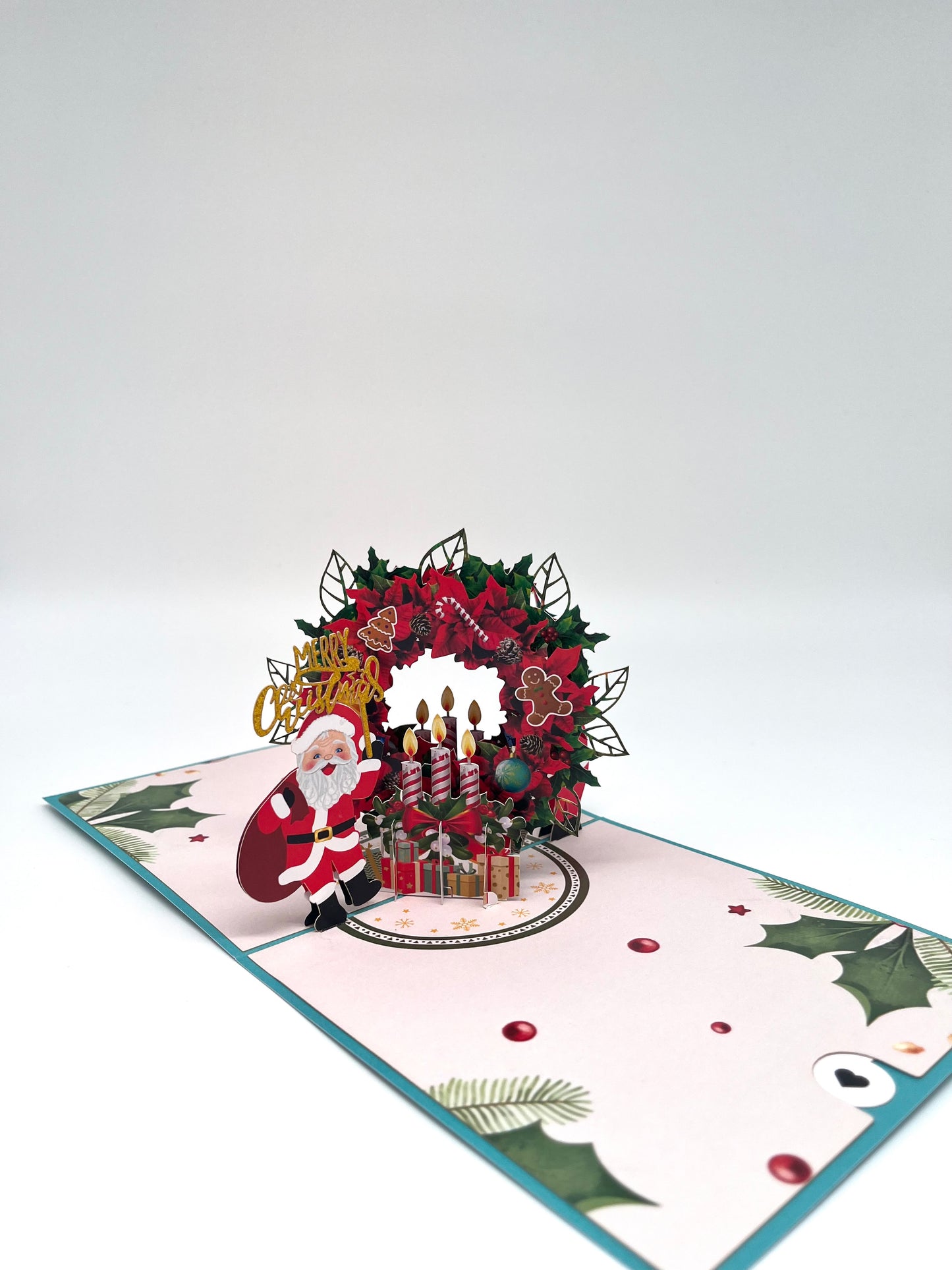 Merry Christmas geschmückter Kranz mit Weihnachtsmann und Geschenken 3D Pop-Up
